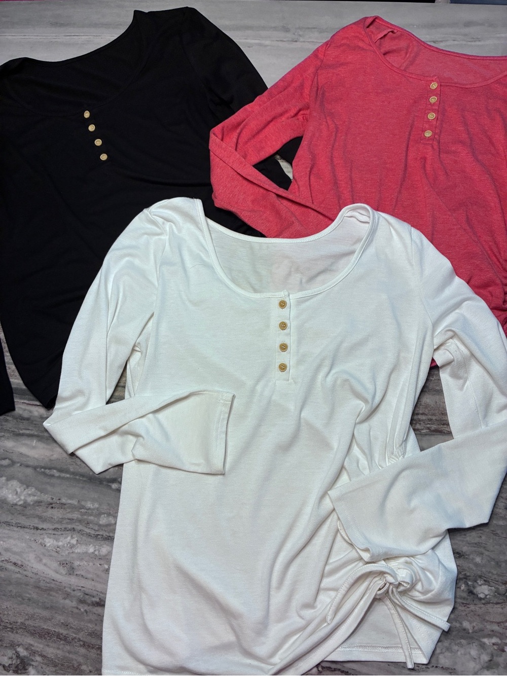 Long-Sleeve Scoop Neck Henley Top with Buttons- White, Black, Pink 3 shirts Sz L